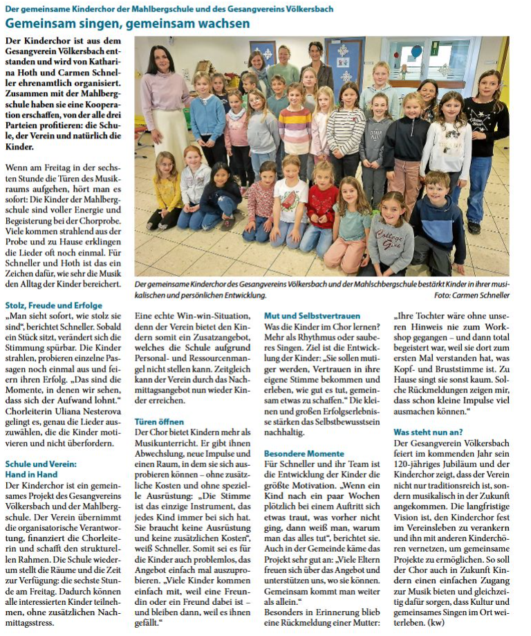 Mahlbergschule, Gesangverein und der gemeinsame Kinderchor