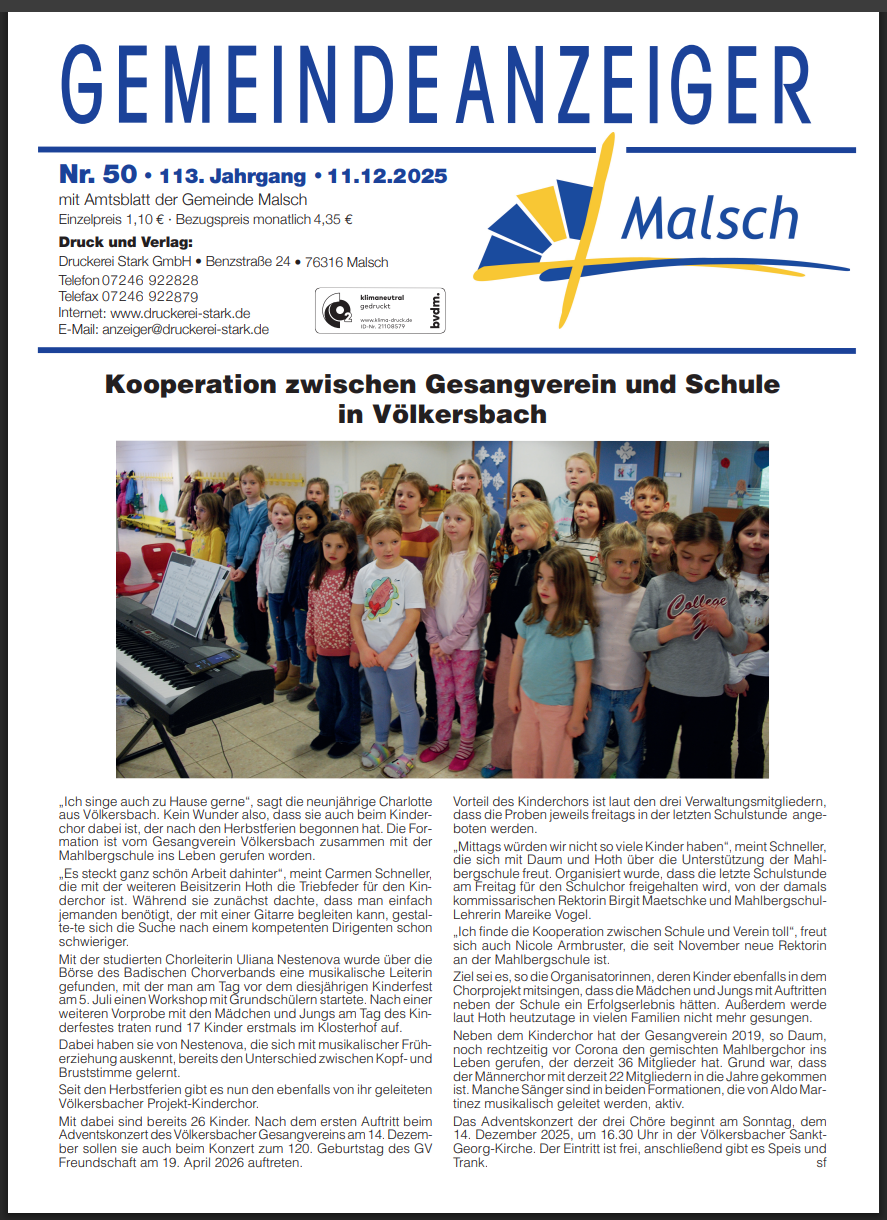 Kooperation zwischen Gesangverein & Schule in Völkersbach