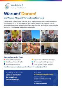 Flyer: Die Warum-AG sucht Verstärkung fürs Team