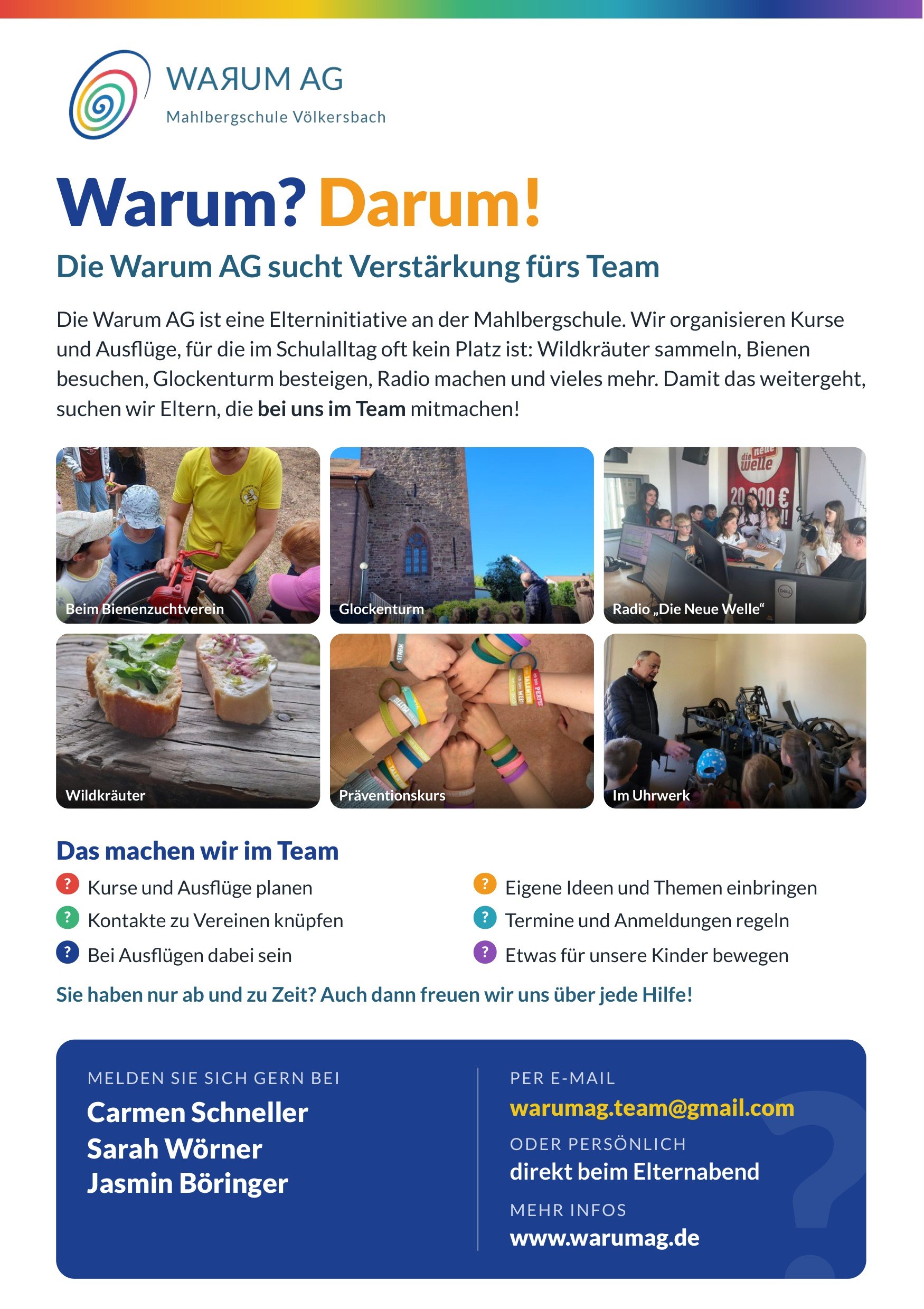 Flyer: Die Warum-AG sucht Verstärkung fürs Team