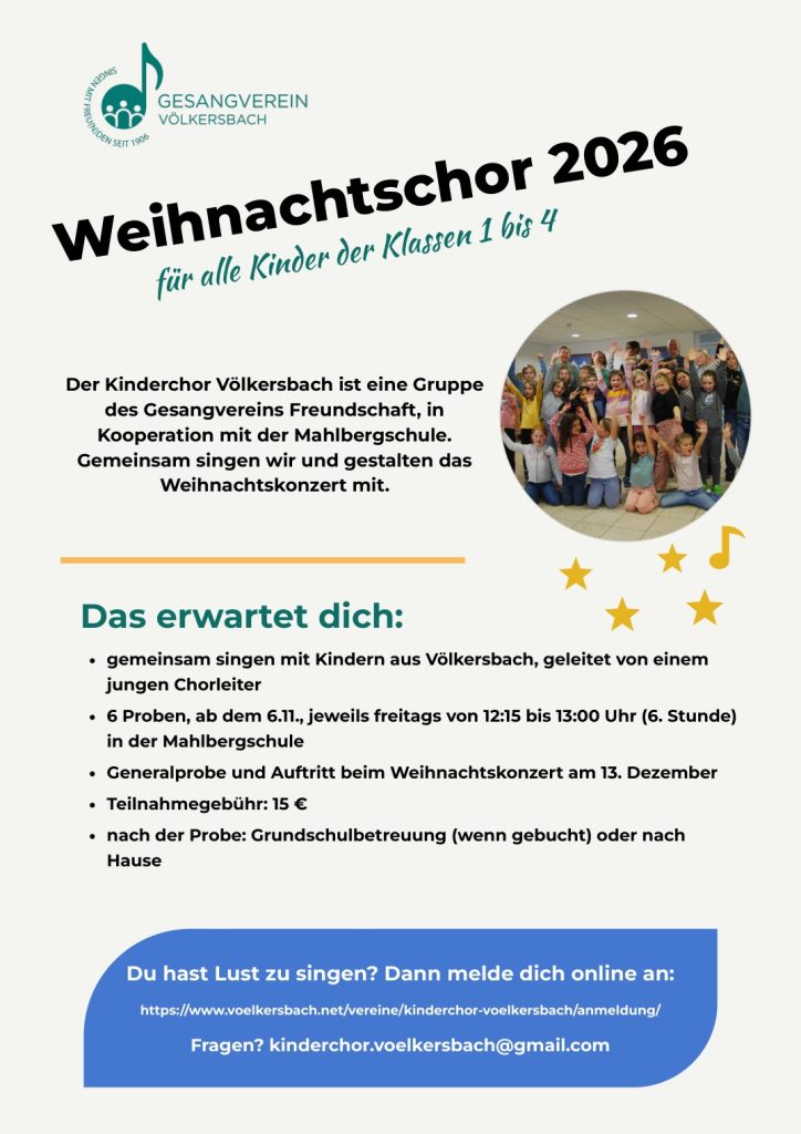 Flyer: Weihnachtschor 2026 für alle Kinder der Klassen 1 bis 4